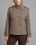 Houndstooth Double-Breasted Funnel Neck Jacket in Brown & Beige