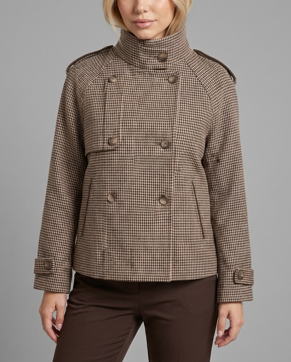 Houndstooth Double-Breasted Funnel Neck Jacket in Brown & Beige