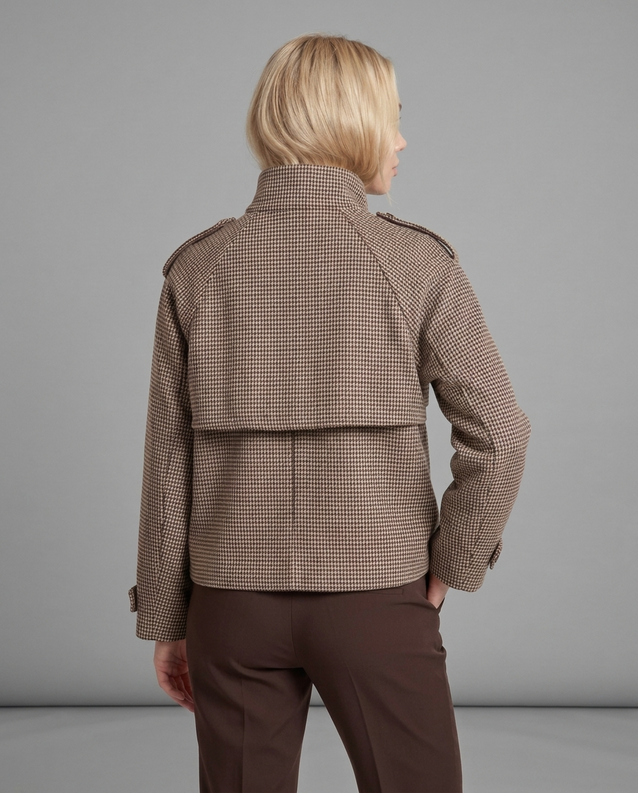 Houndstooth Double-Breasted Funnel Neck Jacket in Brown & Beige