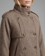 Houndstooth Double-Breasted Funnel Neck Jacket in Brown & Beige