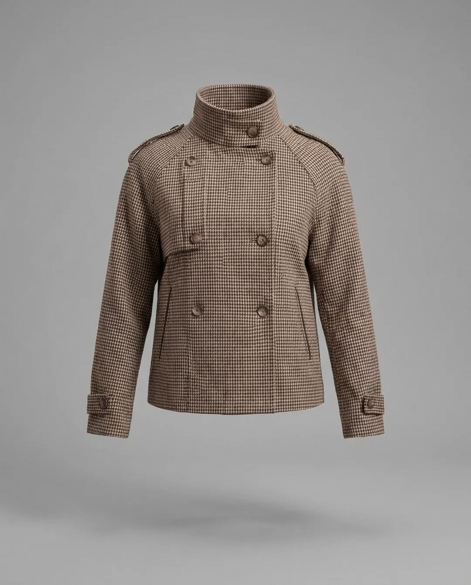 Houndstooth Double-Breasted Funnel Neck Jacket in Brown & Beige
