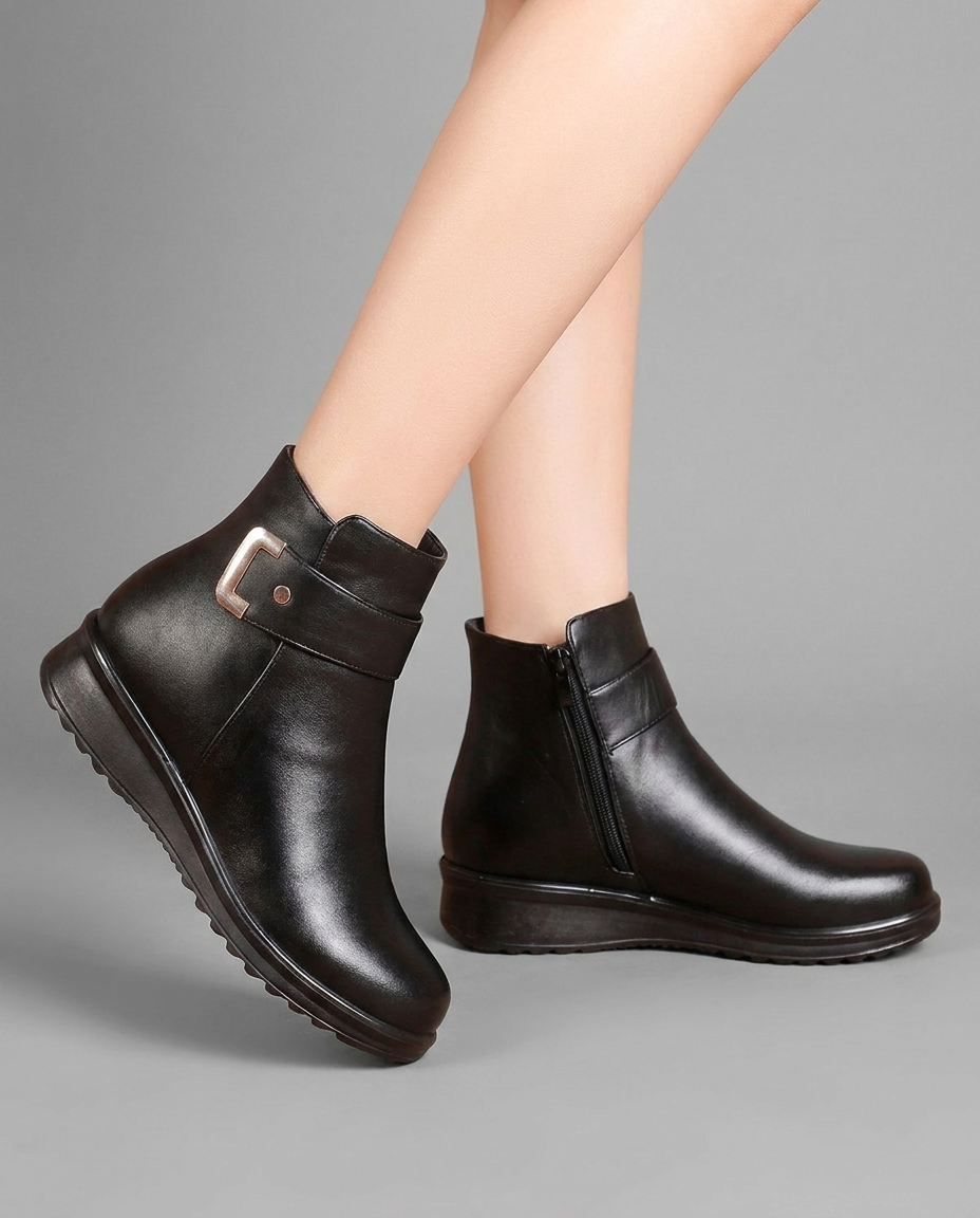 Orthopedic Buckle Ankle Boots in Black Leather