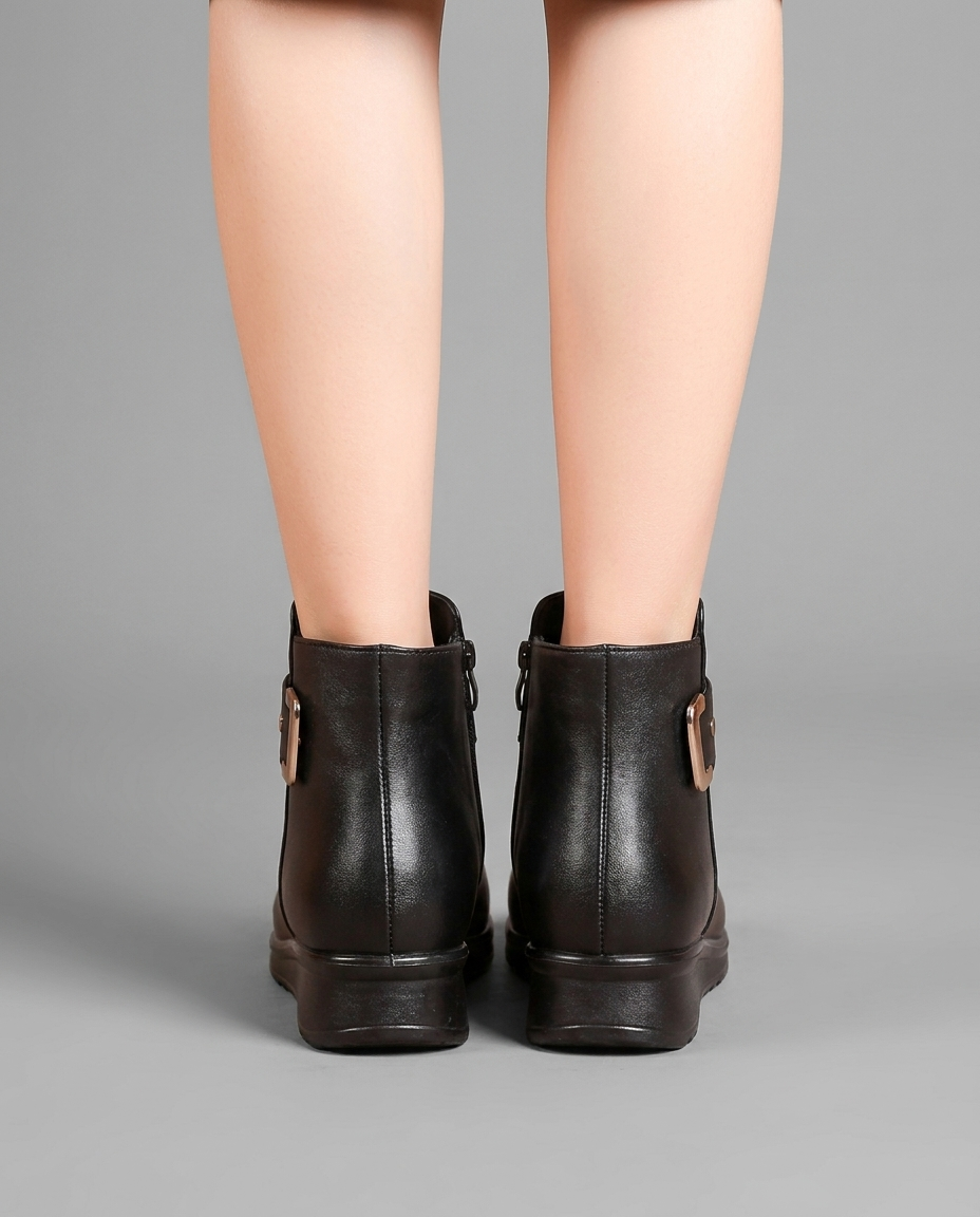 Orthopedic Buckle Ankle Boots in Black Leather