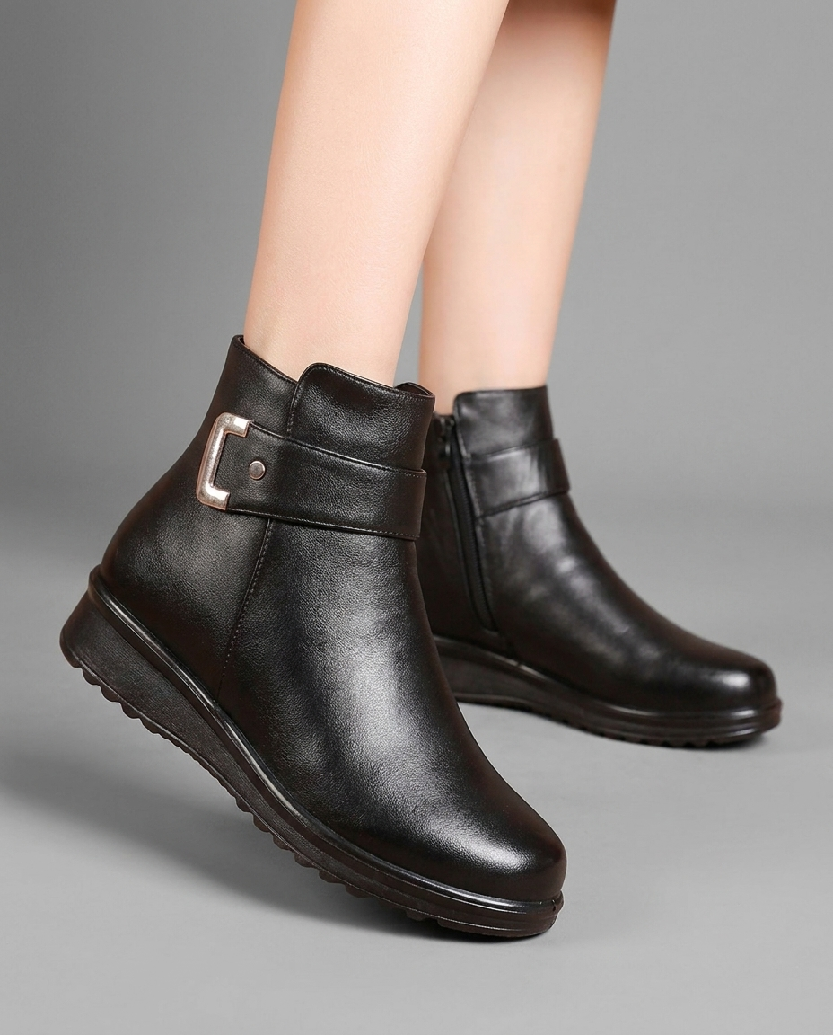 Orthopedic Buckle Ankle Boots in Black Leather