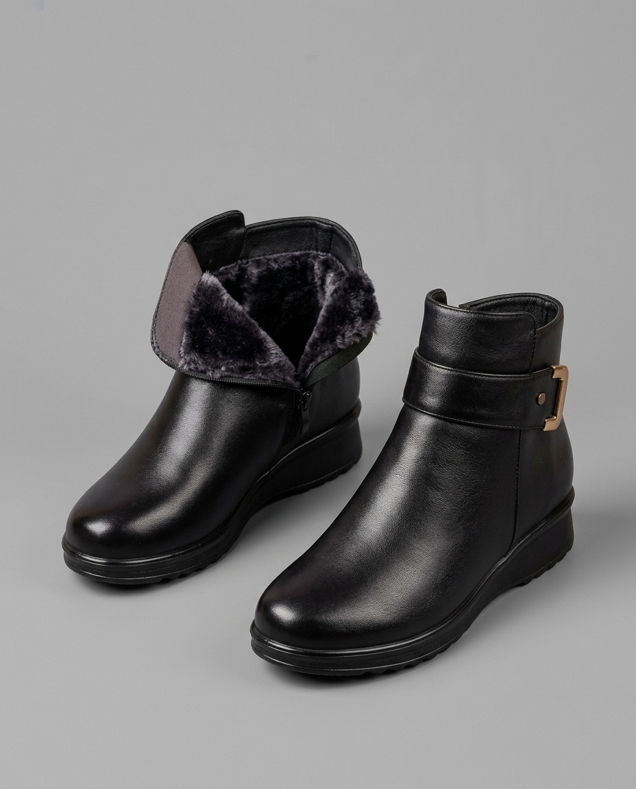Orthopedic Buckle Ankle Boots in Black Leather