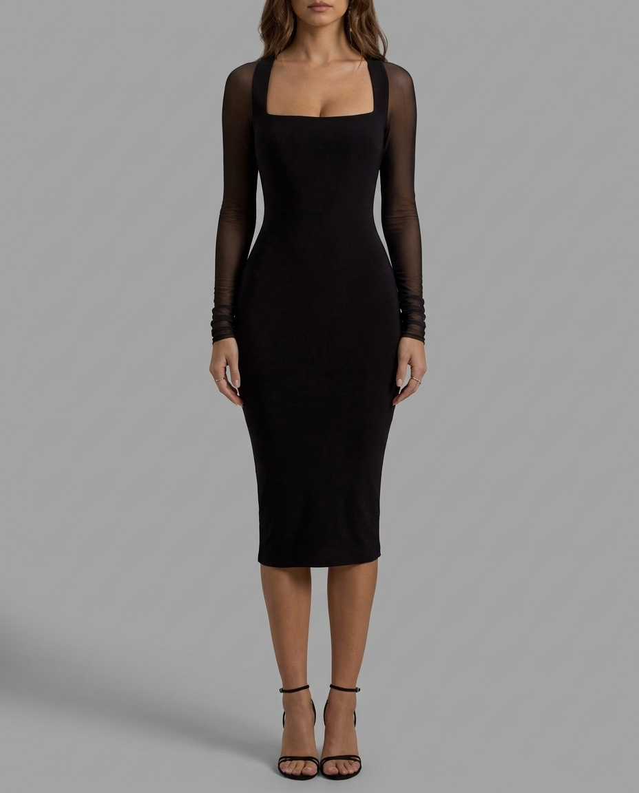 Off Track – Sheer Sleeve Bodycon Midi Dress in Black
