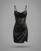 Hillary – Satin Lace Corset Mini Dress in Black