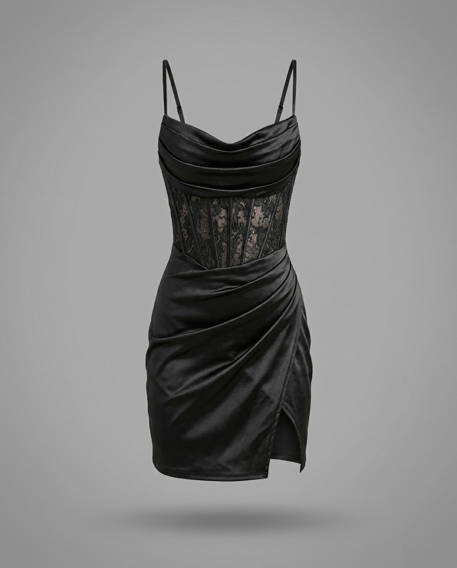 Hillary – Satin Lace Corset Mini Dress in Black