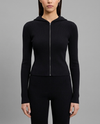 Rib Knit Zip Hoodie in Black