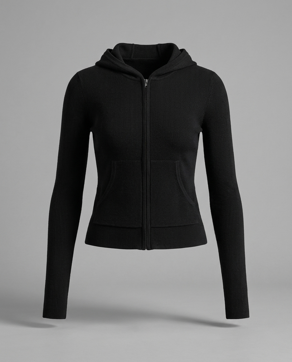 Rib Knit Zip Hoodie in Black
