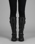Lace-Up Buckle Knee High Boots in Black