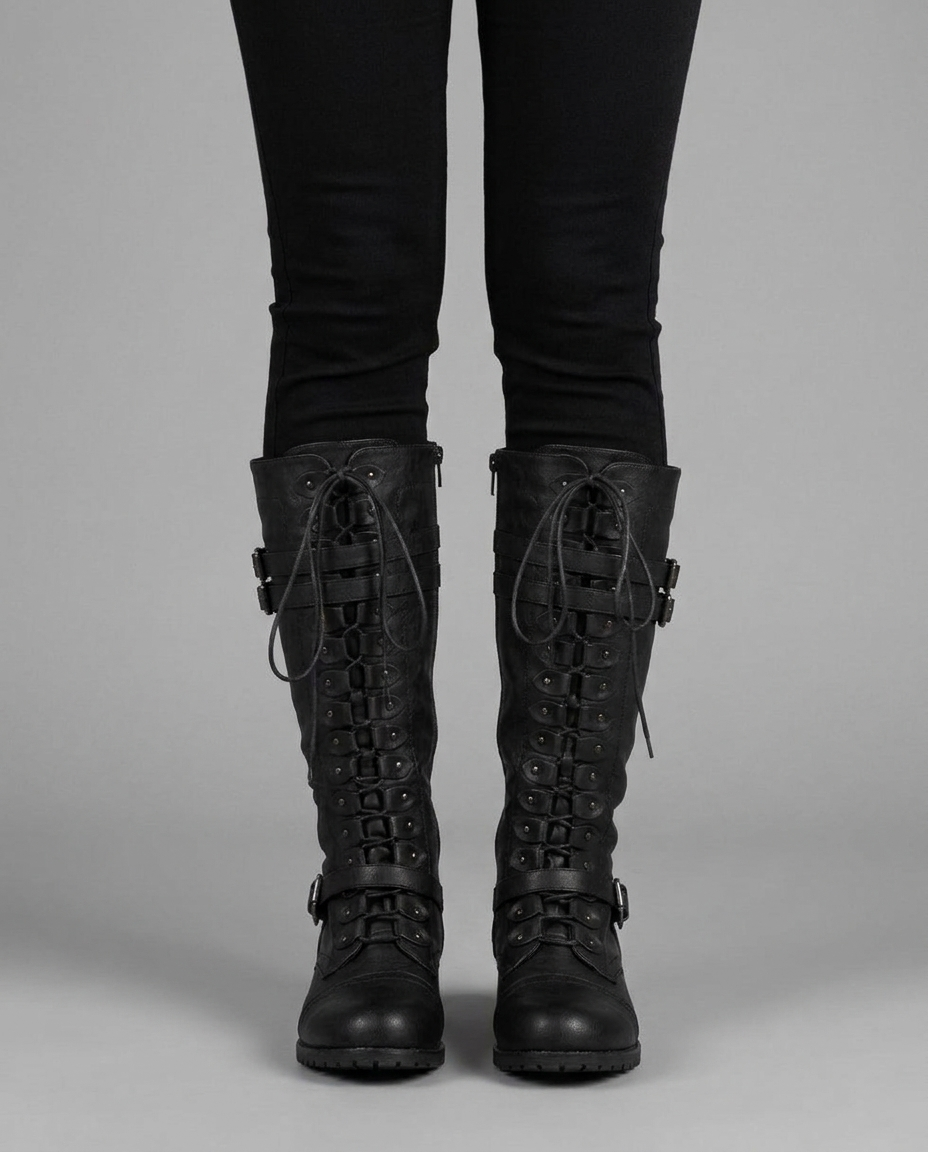 Lace-Up Buckle Knee High Boots in Black