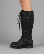 Lace-Up Buckle Knee High Boots in Black