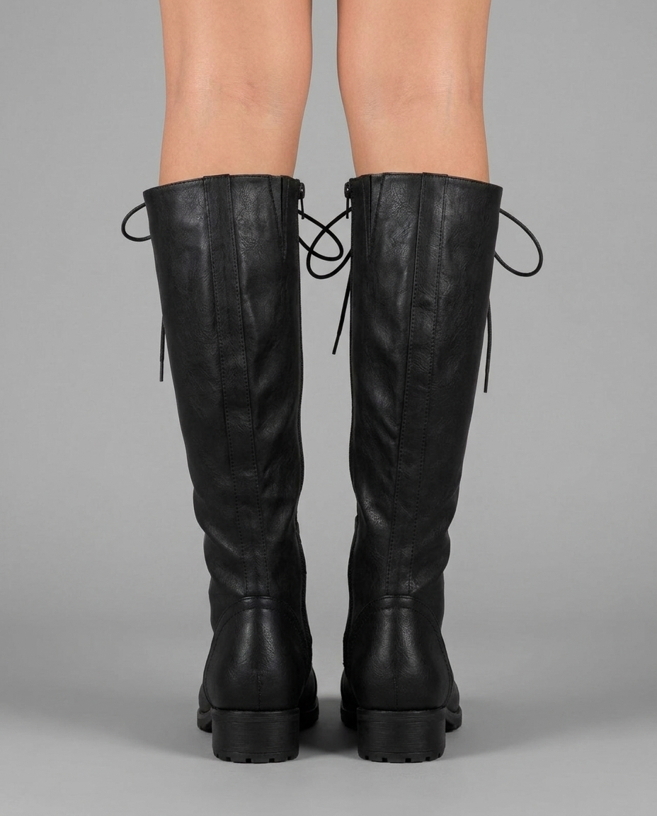 Lace-Up Buckle Knee High Boots in Black
