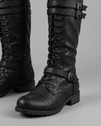 Lace-Up Buckle Knee High Boots in Black