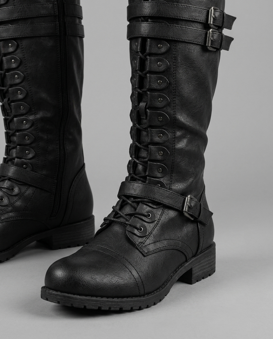 Lace-Up Buckle Knee High Boots in Black