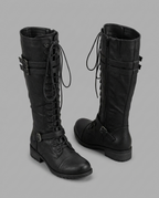 Lace-Up Buckle Knee High Boots in Black