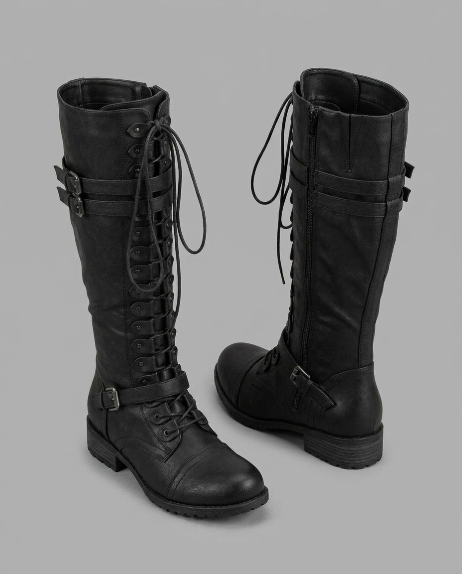 Lace-Up Buckle Knee High Boots in Black