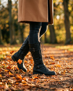 Lace-Up Buckle Knee High Boots in Black