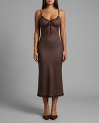 Delaney – Lace Trim Polka Dot Midi Dress in Brown & Pink