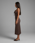 Delaney – Lace Trim Polka Dot Midi Dress in Brown & Pink