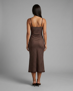 Delaney – Lace Trim Polka Dot Midi Dress in Brown & Pink