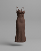 Delaney – Lace Trim Polka Dot Midi Dress in Brown & Pink