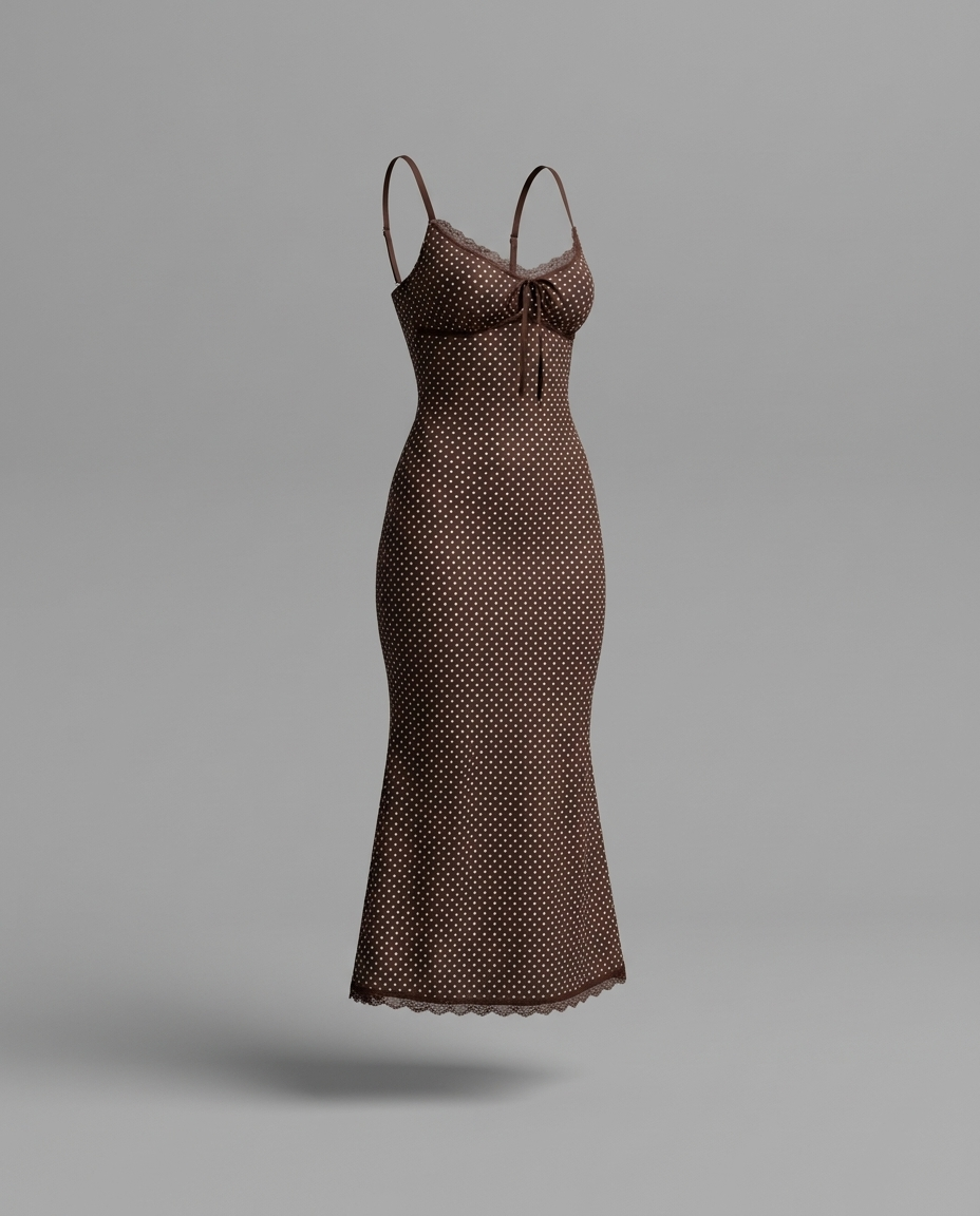 Delaney – Lace Trim Polka Dot Midi Dress in Brown & Pink