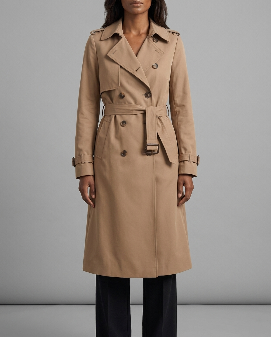 Belted Double-Breasted Longline Trench Coat in Beige