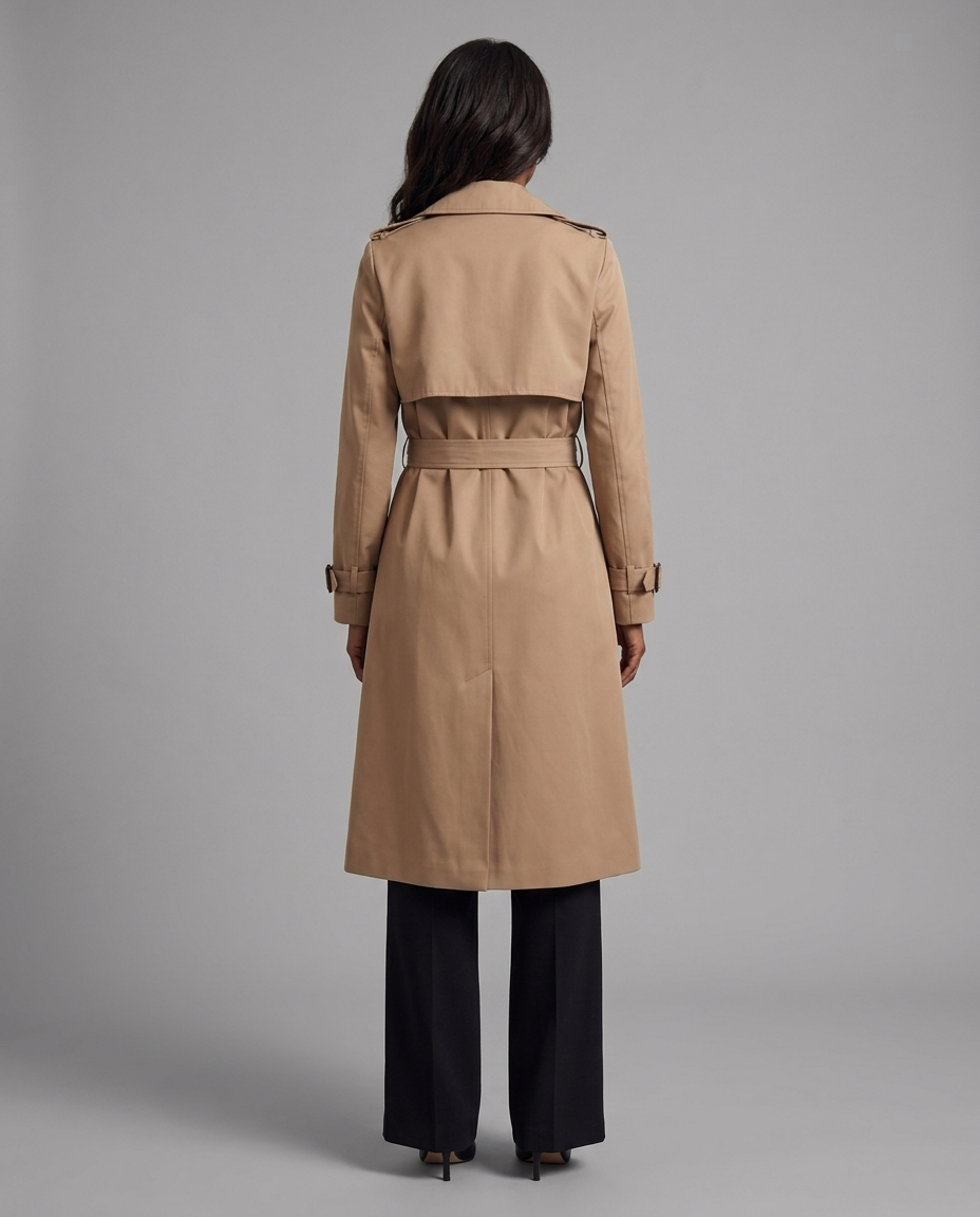 Belted Double-Breasted Longline Trench Coat in Beige