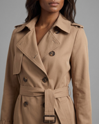 Belted Double-Breasted Longline Trench Coat in Beige