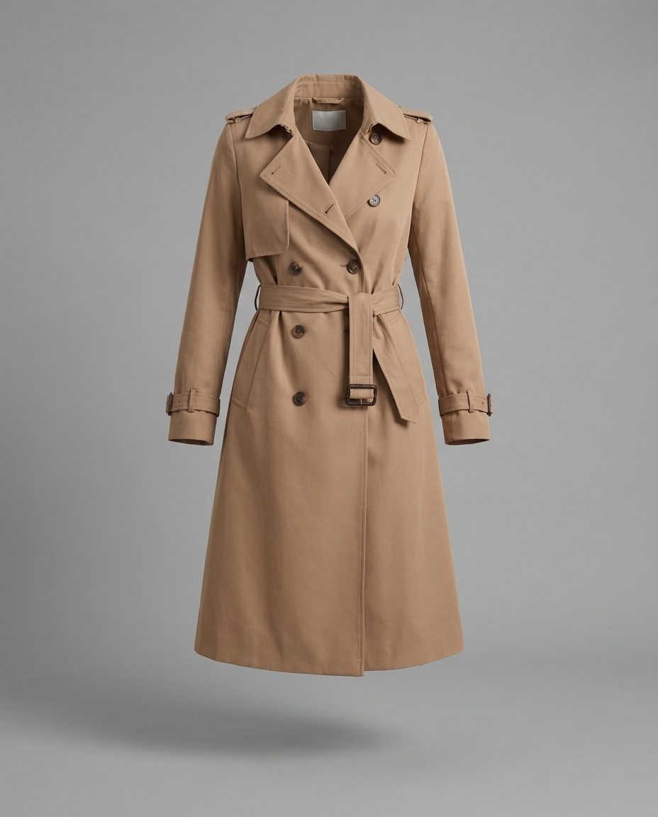 Belted Double-Breasted Longline Trench Coat in Beige