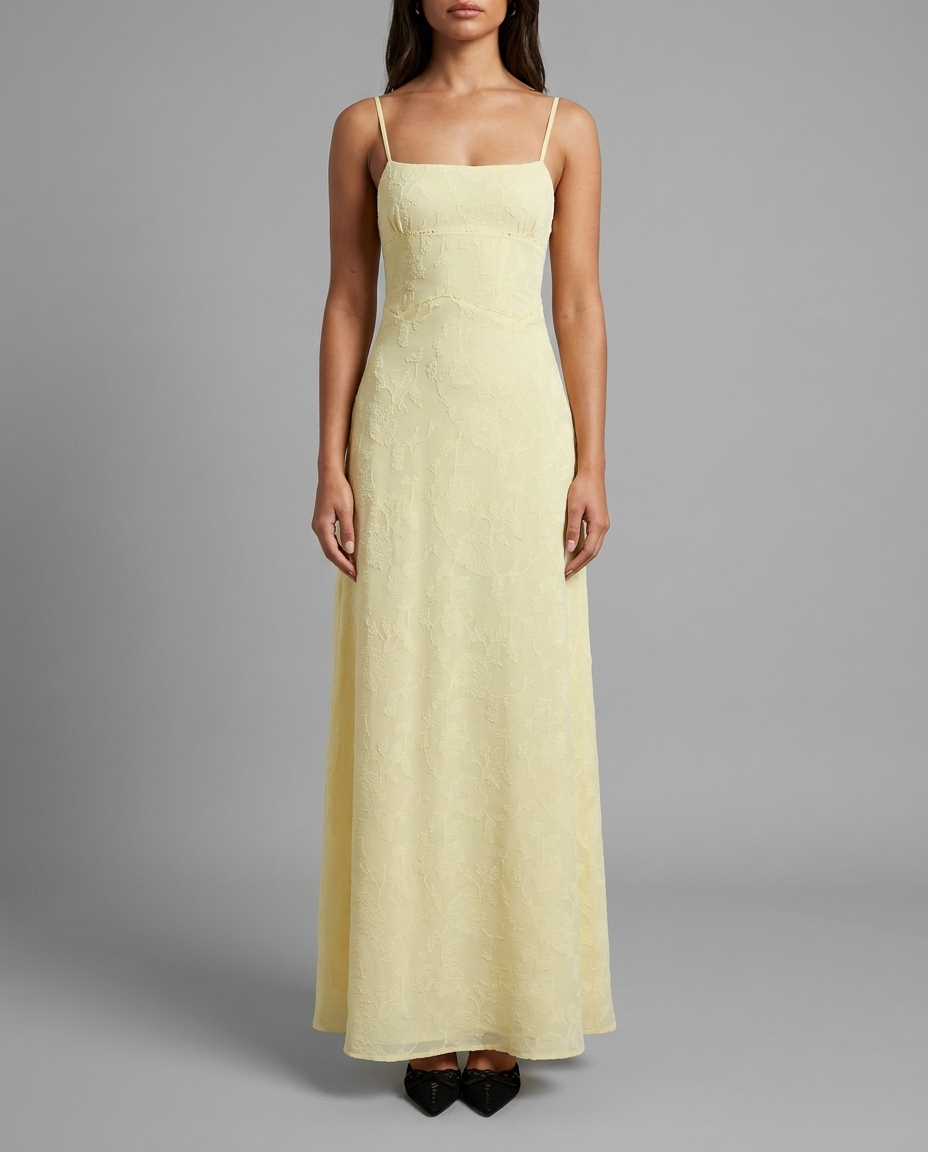 South of France – Lace-Up Back Maxi Dress in Butter Yellow