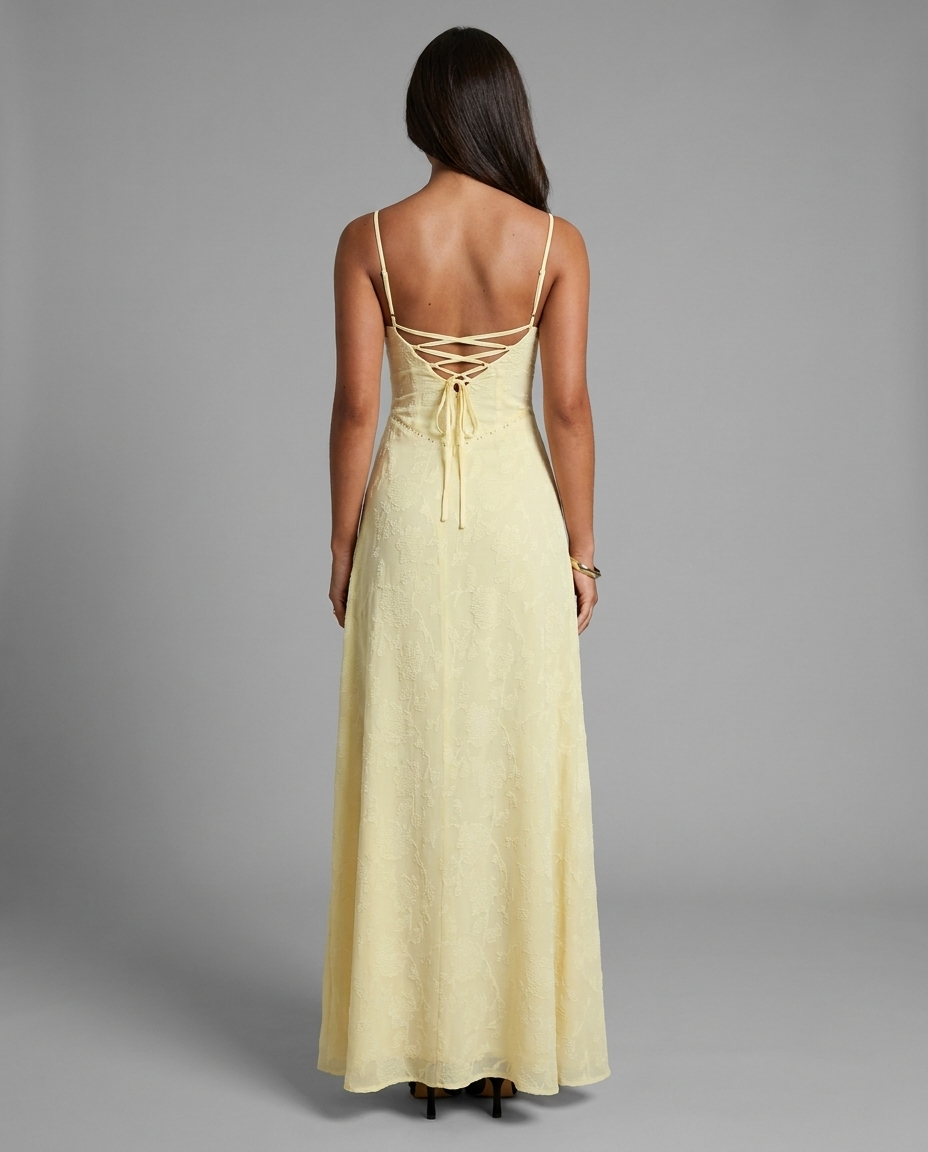South of France – Lace-Up Back Maxi Dress in Butter Yellow