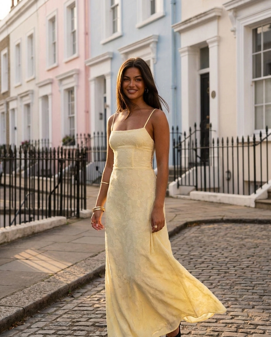 South of France – Lace-Up Back Maxi Dress in Butter Yellow