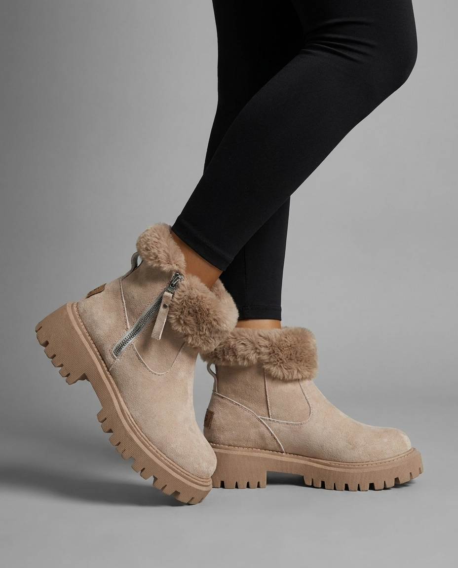 Faux Fur Cuff Ankle Snow Boots in Khaki