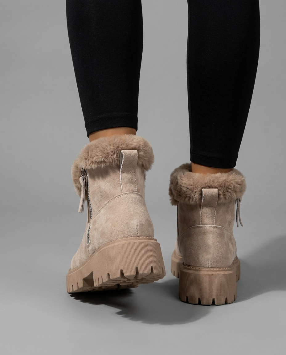 Faux Fur Cuff Ankle Snow Boots in Khaki