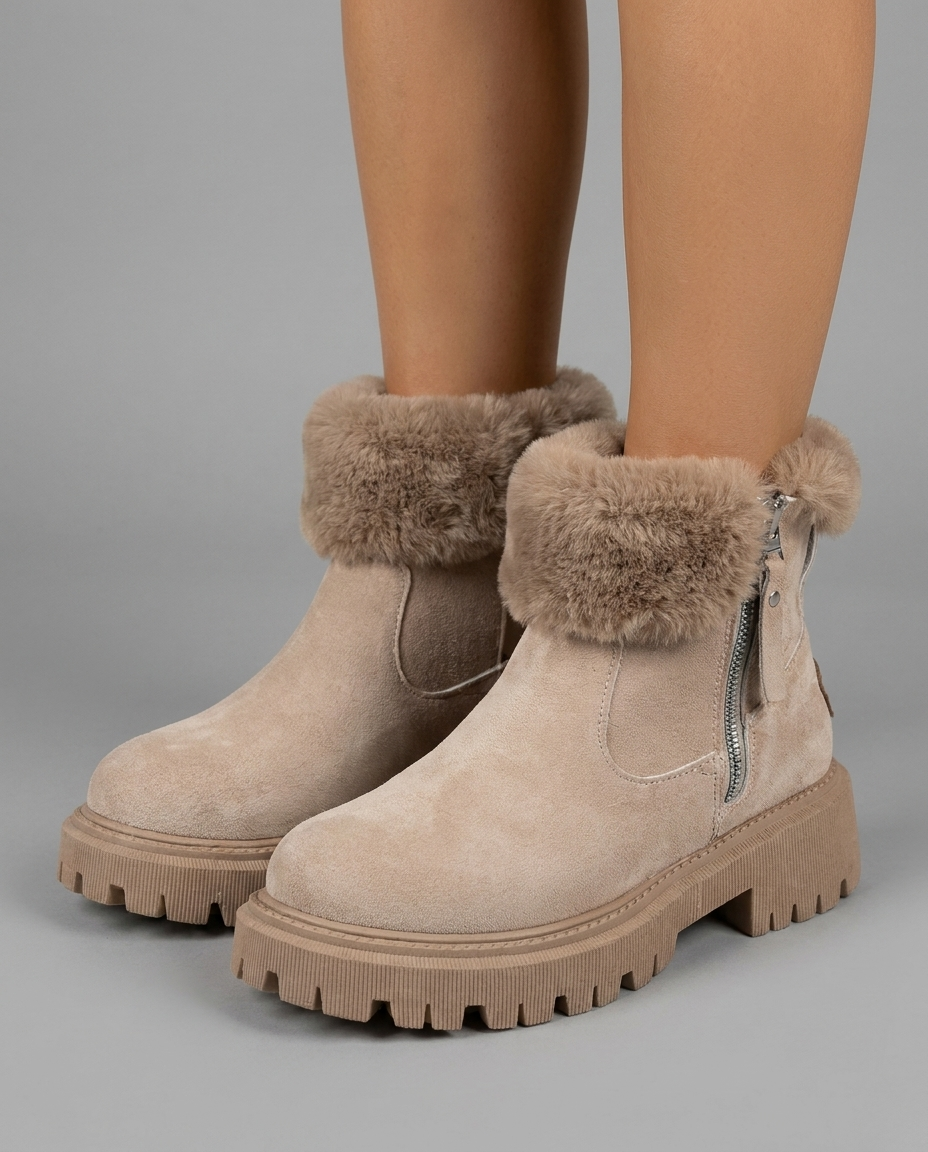 Faux Fur Cuff Ankle Snow Boots in Khaki