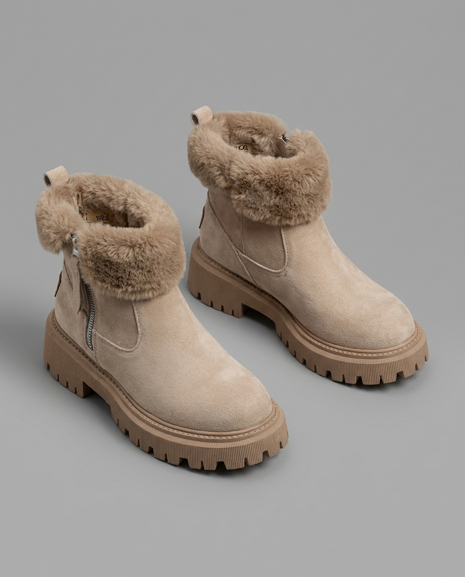 Faux Fur Cuff Ankle Snow Boots in Khaki