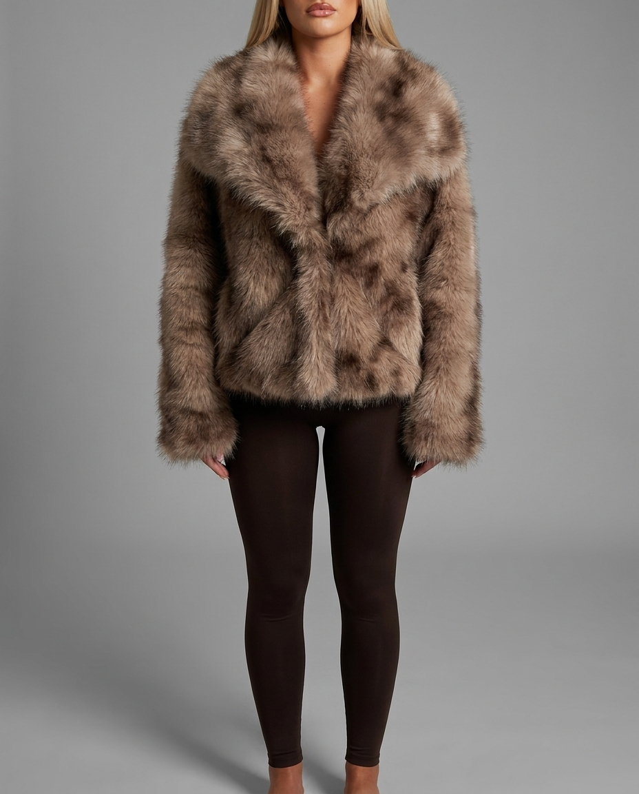 Animal Print Faux Fur Jacket in Taupe
