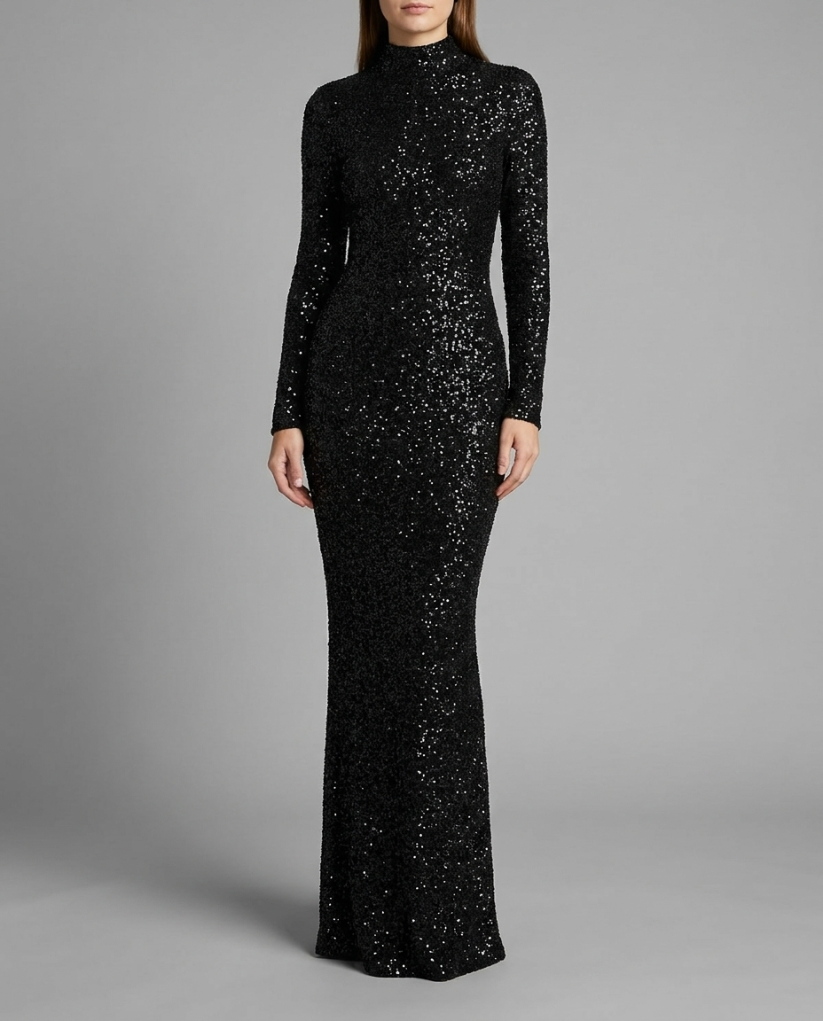 Galaxy – Sequin Turtleneck Maxi Dress in Black