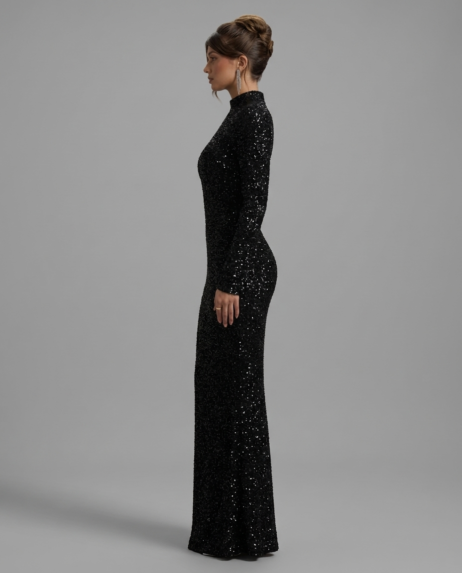 Galaxy – Sequin Turtleneck Maxi Dress in Black
