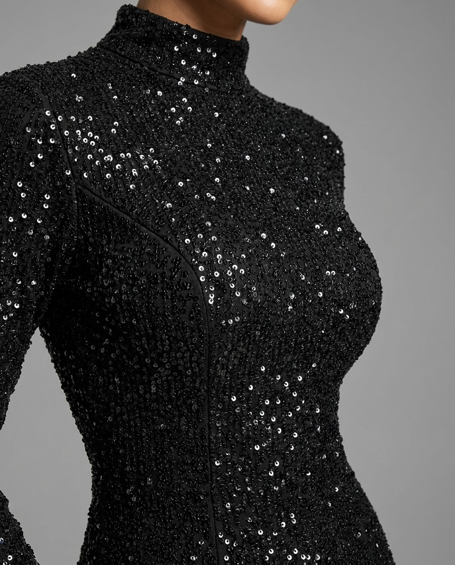 Galaxy – Sequin Turtleneck Maxi Dress in Black