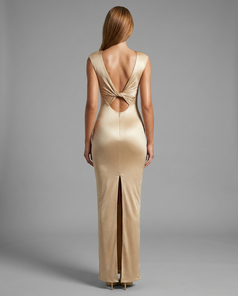 Twist-Back Satin Maxi Dress in Champagne