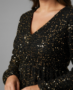 Shimmery – Sequin Wrap Knee Dress in Black & Gold