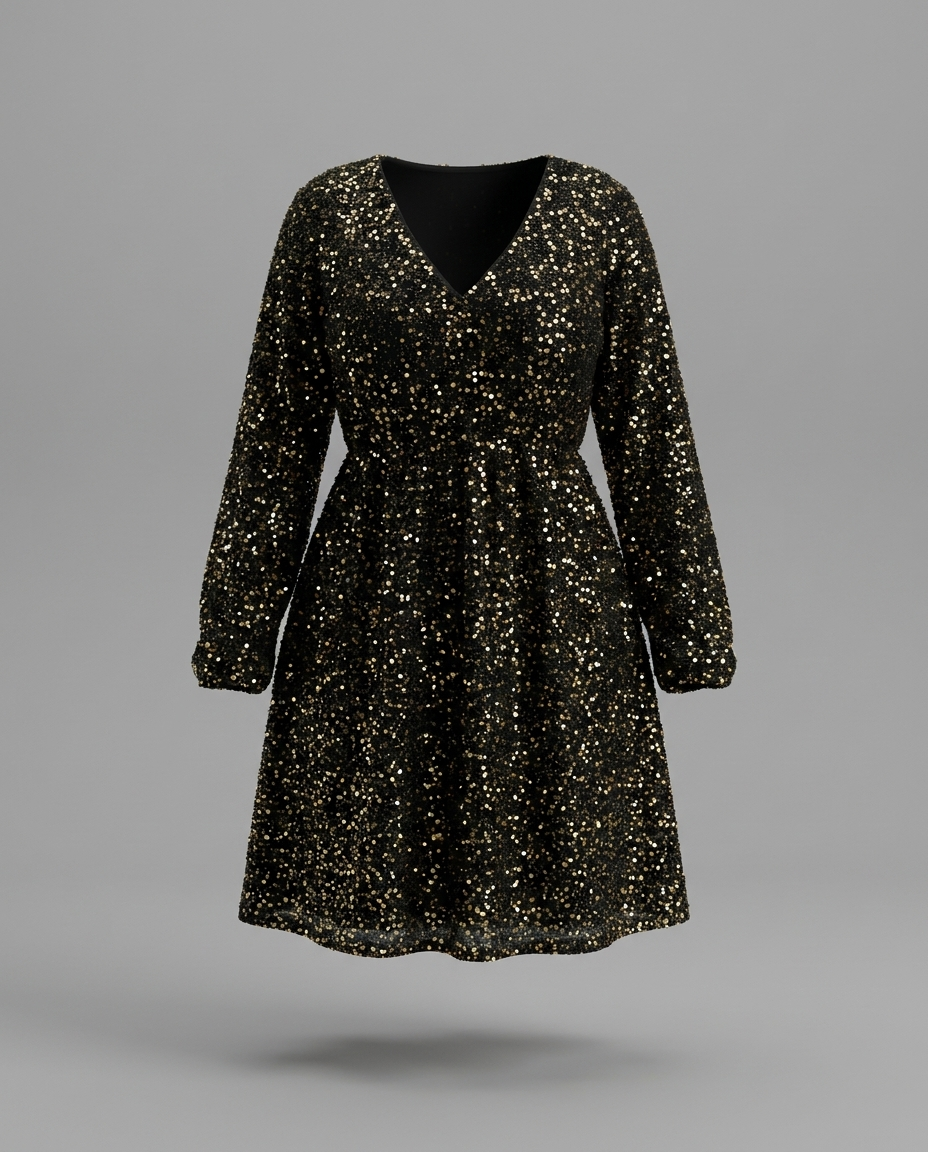 Shimmery – Sequin Wrap Knee Dress in Black & Gold