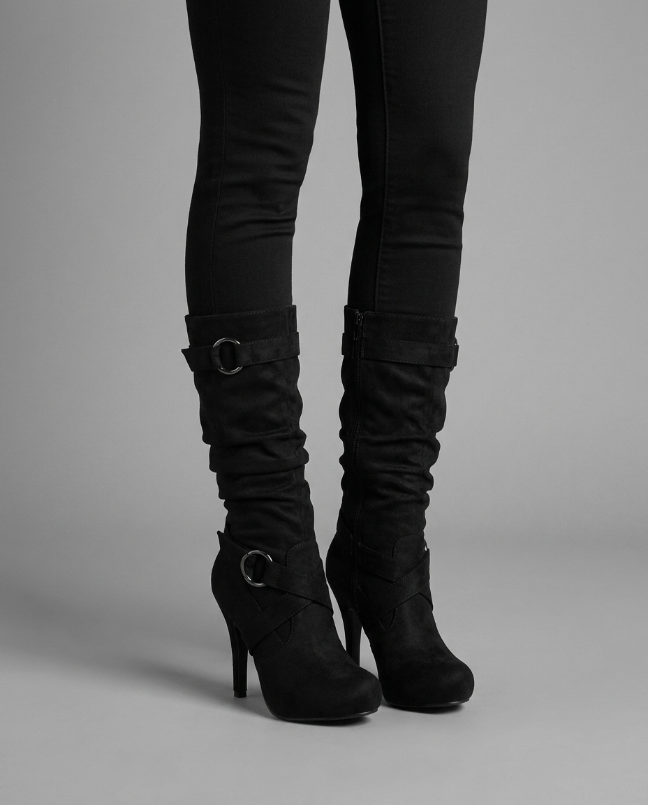 Slouch Suede Mid-Calf Stiletto Boots in Black