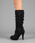 Slouch Suede Mid-Calf Stiletto Boots in Black