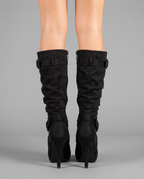 Slouch Suede Mid-Calf Stiletto Boots in Black