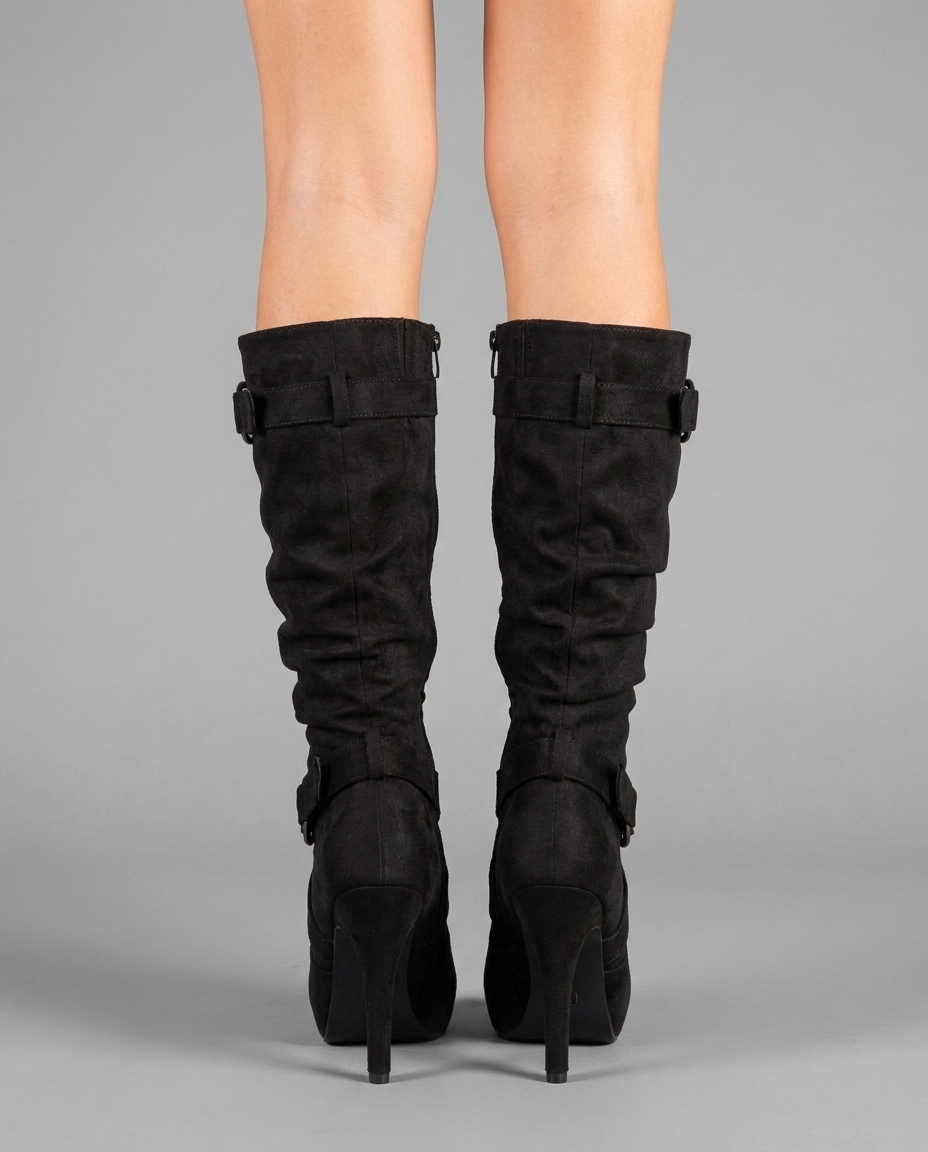 Slouch Suede Mid-Calf Stiletto Boots in Black